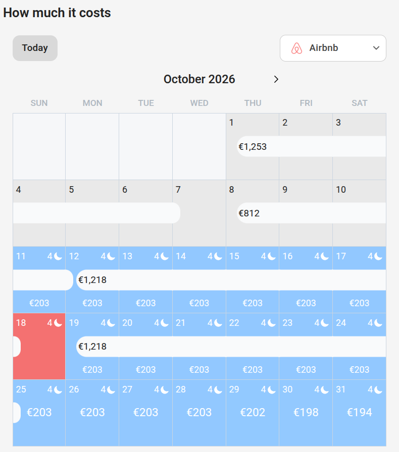 A competitor's October calendar in Pricinger with its nightly Airbnb rates, minimum stays and booked stretches, and a dropdown to switch channel