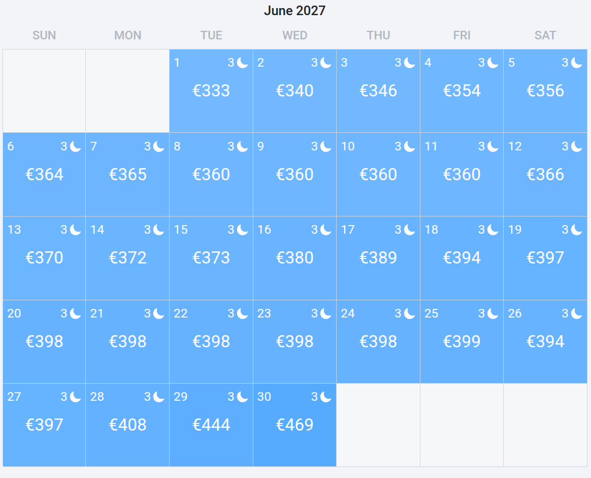 El calendario de Pricinger de junio de 2027, con un precio por noche y una estancia mínima de tres noches en cada fecha